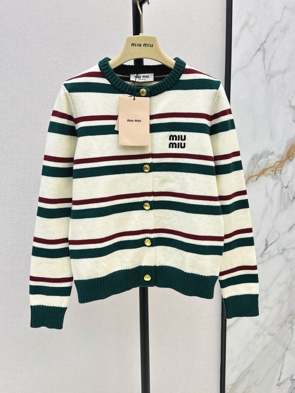 Miu Miu Cream Striped Cardigan with Green and Burgundy Accents